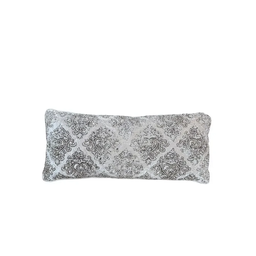 Cream Silver Velvet Sparkly Beaded Oversized Lumbar Rectangular Throw Pillow